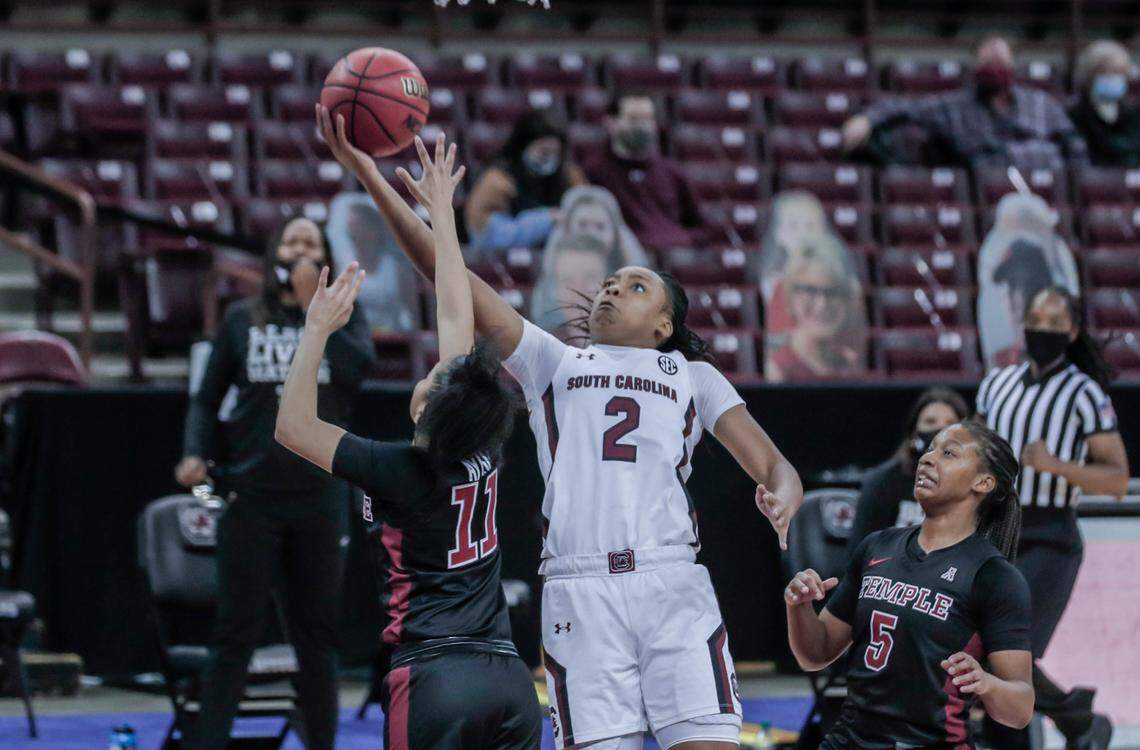 South Carolina Gamecocks guard Eniya Russell (2) shoots as Temple guard Kash Ayuso (11) pressures during the first half of action at the Colonial Life Arena.