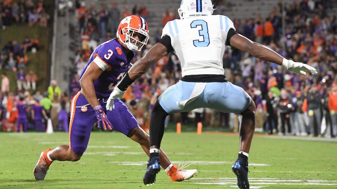 Nov 23, 2024; Clemson, South Carolina, USA; Clemson Tigers receiver Noble Johnson (3) runs after a catch against The Citadel Bulldogs during the third quarter at Memorial Stadium.