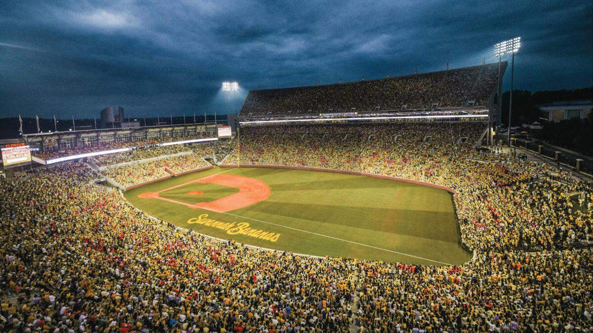 This mockup shows how a 60-foot safety net will be implemented in left field for the Savannah Bananas game at Clemson’s Memorial Stadium