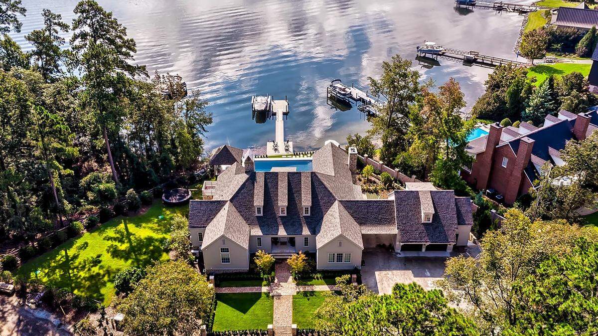 An aerial shot of a $3.9 million home by Lake Murray for sale.