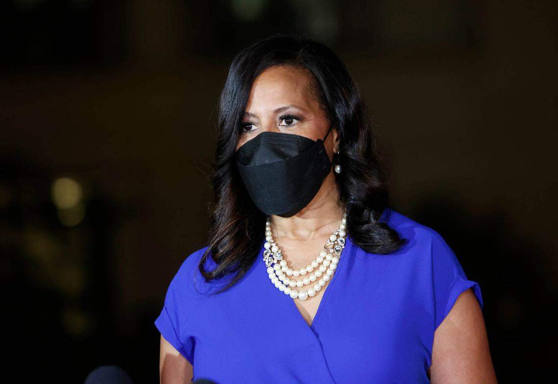 Democratic candidate for SC Governor Mia McLeod speaks to supporters before all votes were in on June 14, 2022.