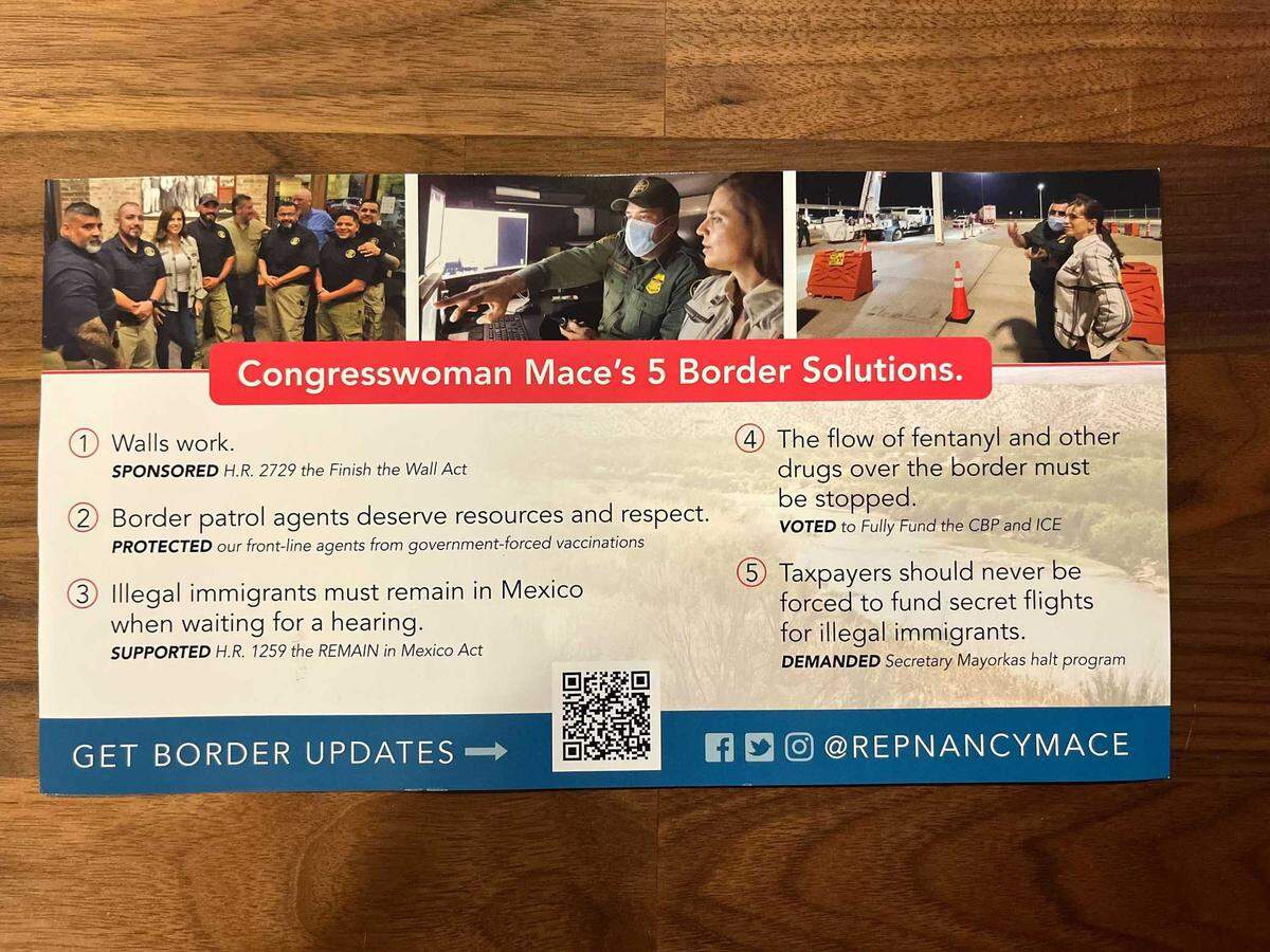 This photo, which was provided to The State by the Katie Arrington campaign, shows the back of a mailer recently sent to constituents in South Carolina’s 1st Congressional District by U.S. Rep. Nancy Mace, R-Daniel Island. Arrington claims this communication shows Mace used her official congressional resources for campaign advertising.