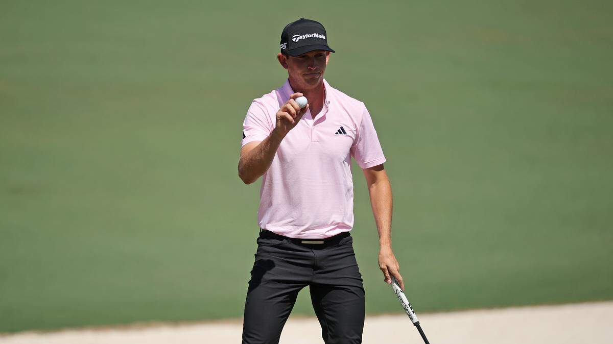 Jacob Bridgeman of the United States acknowledges the crowd on the second hole Sunday during the final round of the 2026 Masters Tournament at Augusta National Golf Club.