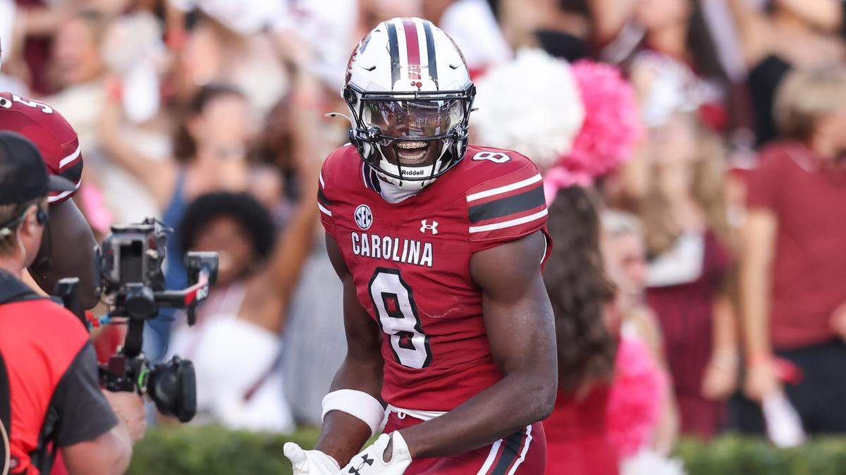 South Carolina wide receiver Nyck Harbor (8) celebrates a touchdown during the Gamecocks’ game against Alabama at Williams-Brice Stadium in Columbia on Saturday, October 25, 2025.
