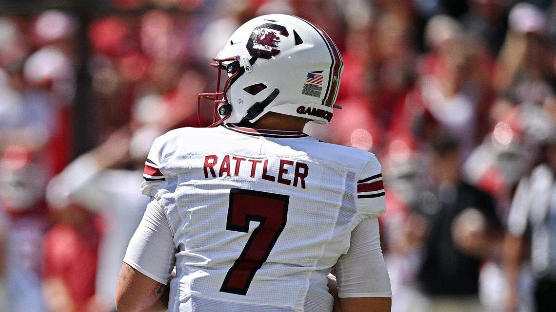 South Carolina Spencer Rattler with the drop back pass against Arkansas at Donald W. Reynolds Razorback Stadium in Fayetteville, Arkansas on Sept. 10, 2022.