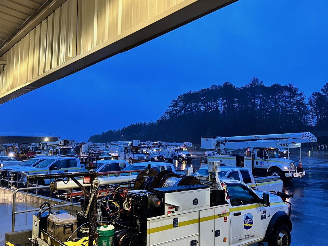 Teams from the Blue Ridge Electric Cooperative, which services parts of the Upstate South Carolina, prepare to repair damage from Hurricane Helene. Blue Ridge has said that as much as 85% of their customers lost power in the storm.