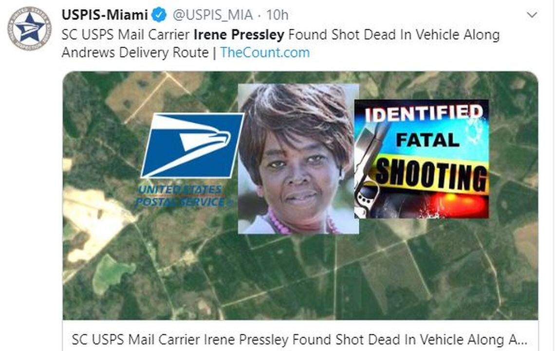 U.S. Postal Service worker Irene Pressley was killed on her route in South Carolina.