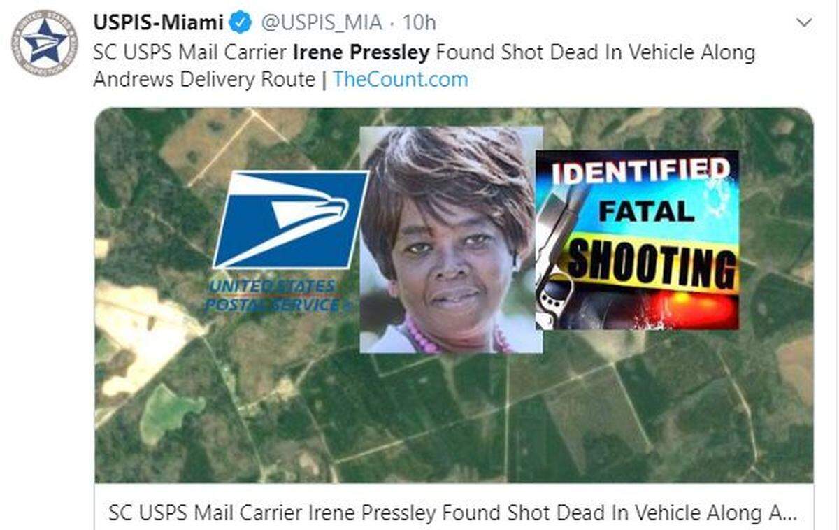 U.S. Postal Service worker Irene Pressley was killed on her route in South Carolina.