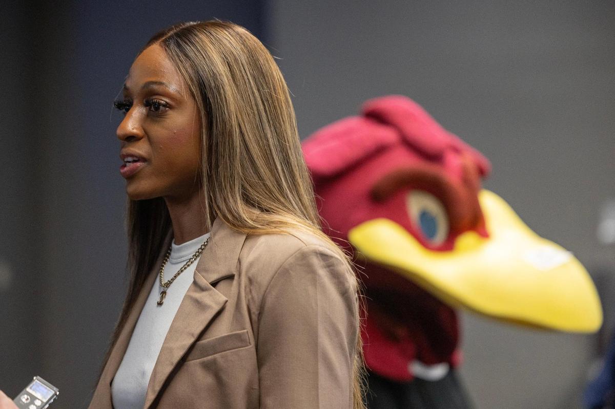 University of South Carolina’s Tiffany Mitchell, a former Gamecocks basketball star, speaks to reporters before she is inducted into the university’s hall of fame at Williams-Brice Arena on Friday, November 1, 2024.