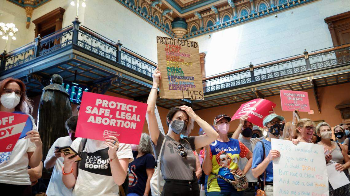People rally inside the South Carolina Statehouse as members of the South Carolina House of Representatives prepare to vote on legislation related to an abortion ban in the state on Tuesday, Aug. 30, 2022.