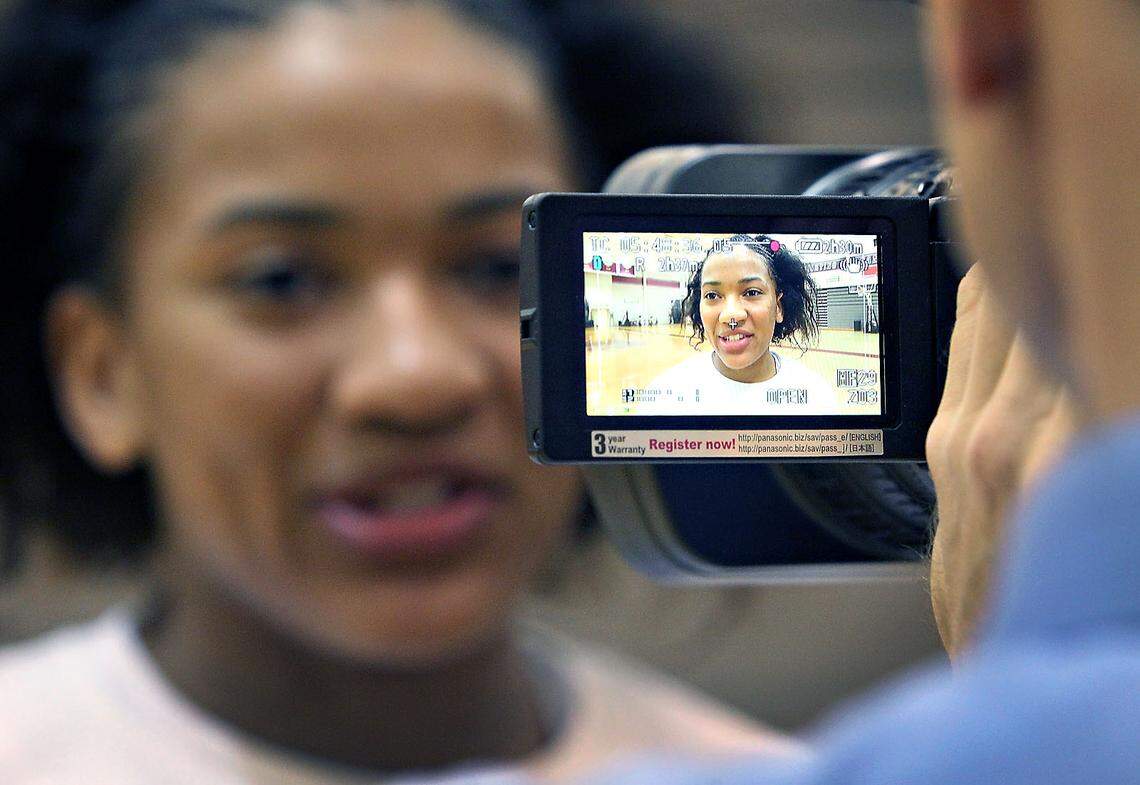 Ieasia Walker talks with reporters before heading to the buses. The excitement surrounding this year’s Lady Gamecock basketball team brought out fans, Thursday afternoon outside of the Carolina Coliseum to send off the team on their way to the Sweet 16 in California.