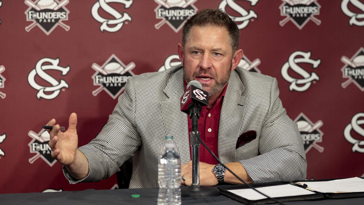 New University of South Carolina head baseball coach Kevin Schnall speaks during a press conference at Founders Park on Friday, June 12, 2026.