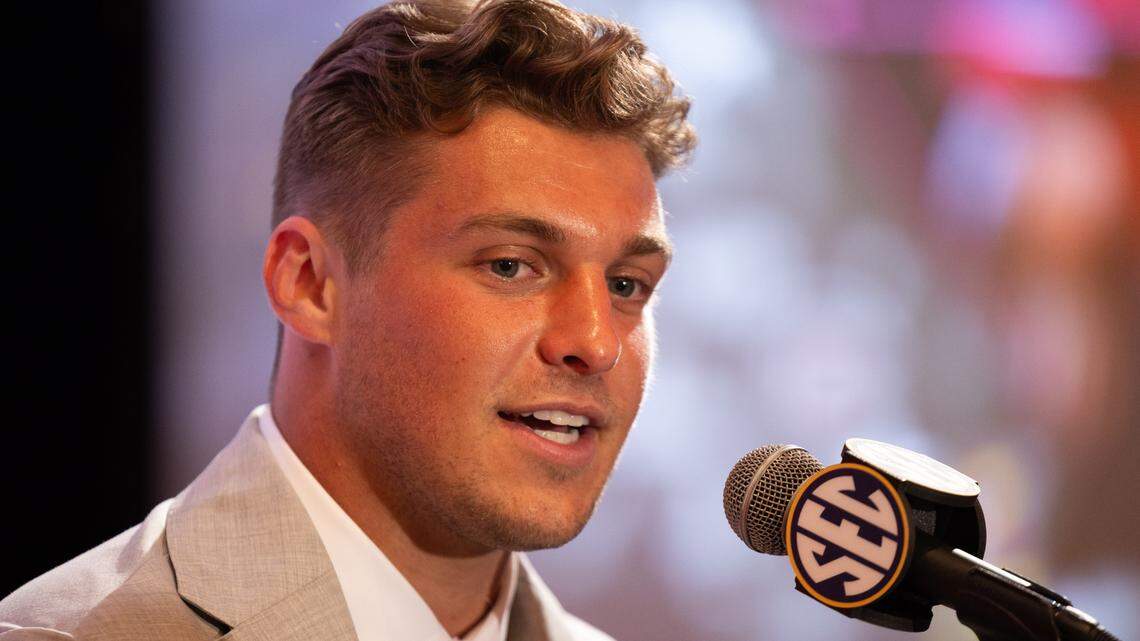 South Carolina player Luke Doty speaking to the media at Omni Dallas Hotel.