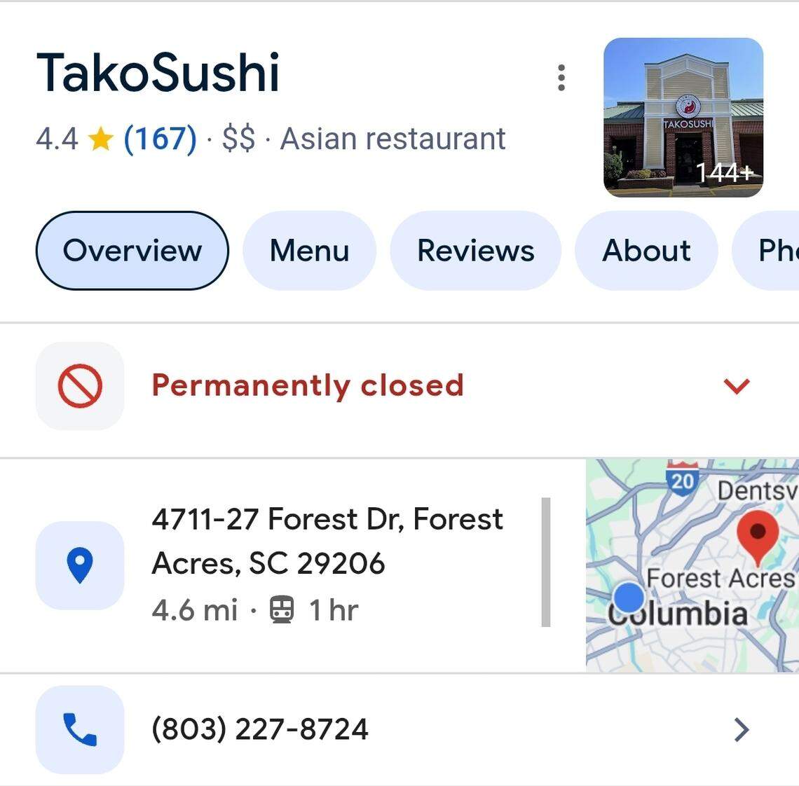 A Google listing for the TakoSushi at 4711 Forest Drive lists it as “permanently closed.”