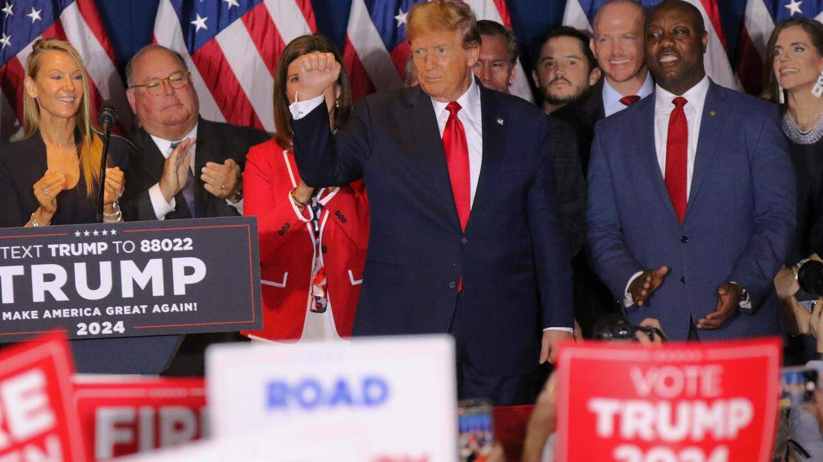 Donald Trump speaks to a crowd gathered at the South Carolina State Fairgrounds on Saturday, Feb. 24, 2024. Trump was declared the winner of the South Carolina primary.
