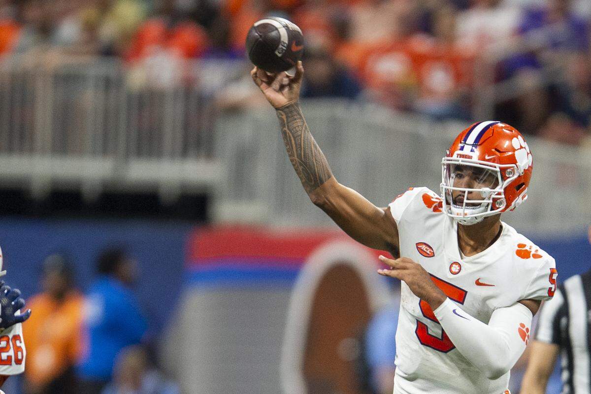 Clemson quarterback DJ Uiagalelei throws in the second half of an NCAA college football game against Georgia Tech Monday, Sept. 5, 2022, in Atlanta. (AP Photo/Hakim Wright Sr.)