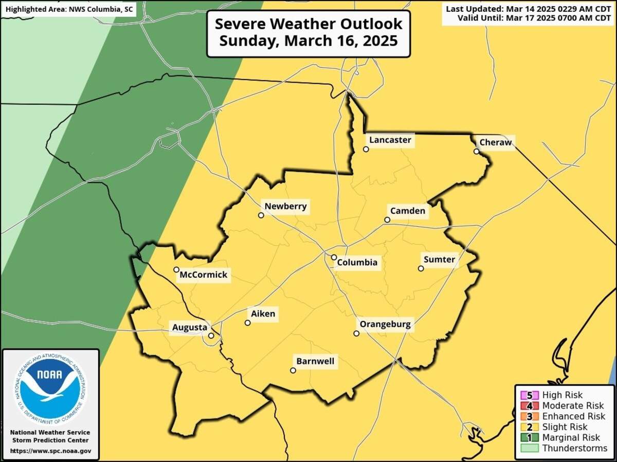 A map of the Midlands showing the severe weather outlook for Sunday.