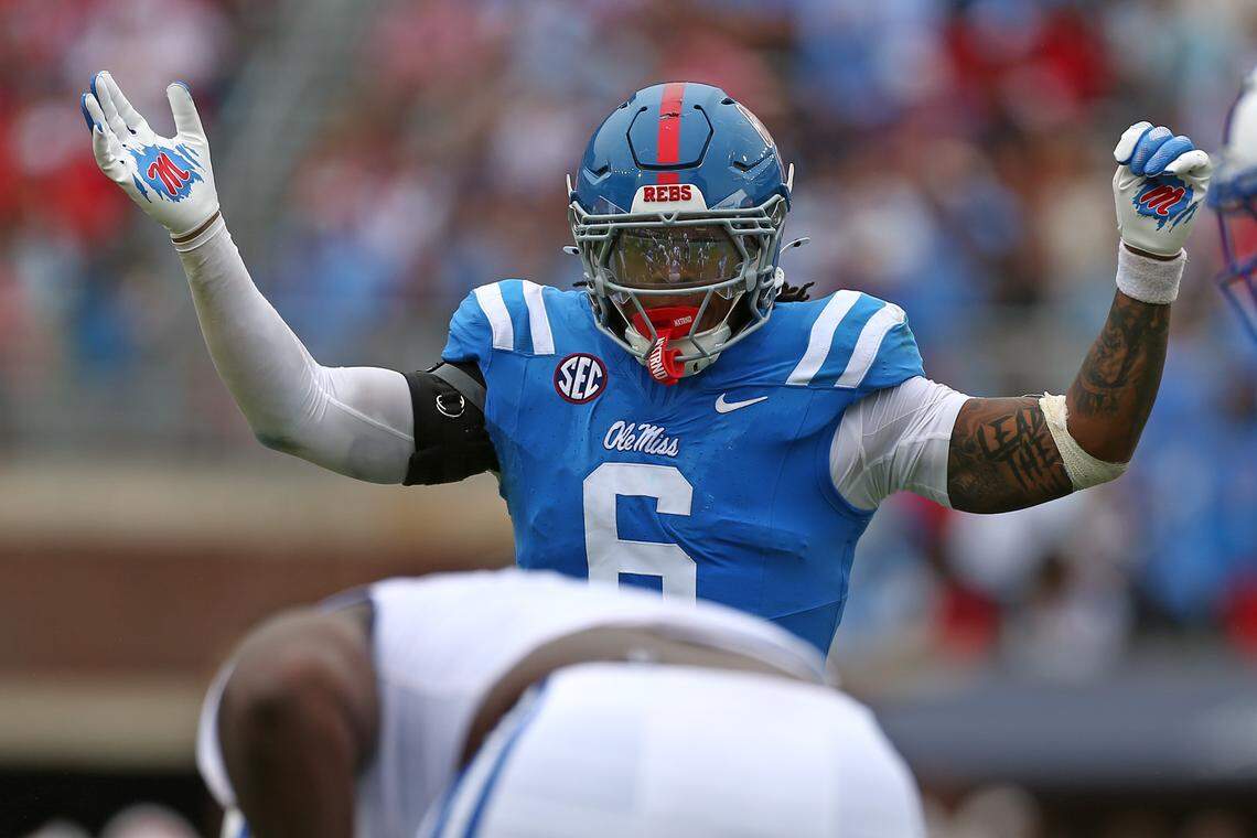 Sep 28, 2024; Oxford, Mississippi, USA; Mississippi Rebels linebacker TJ Dottery (6) lines up before the snap during the second half against the Kentucky Wildcats at Vaught-Hemingway Stadium. Mandatory Credit: Petre Thomas-Imagn Images