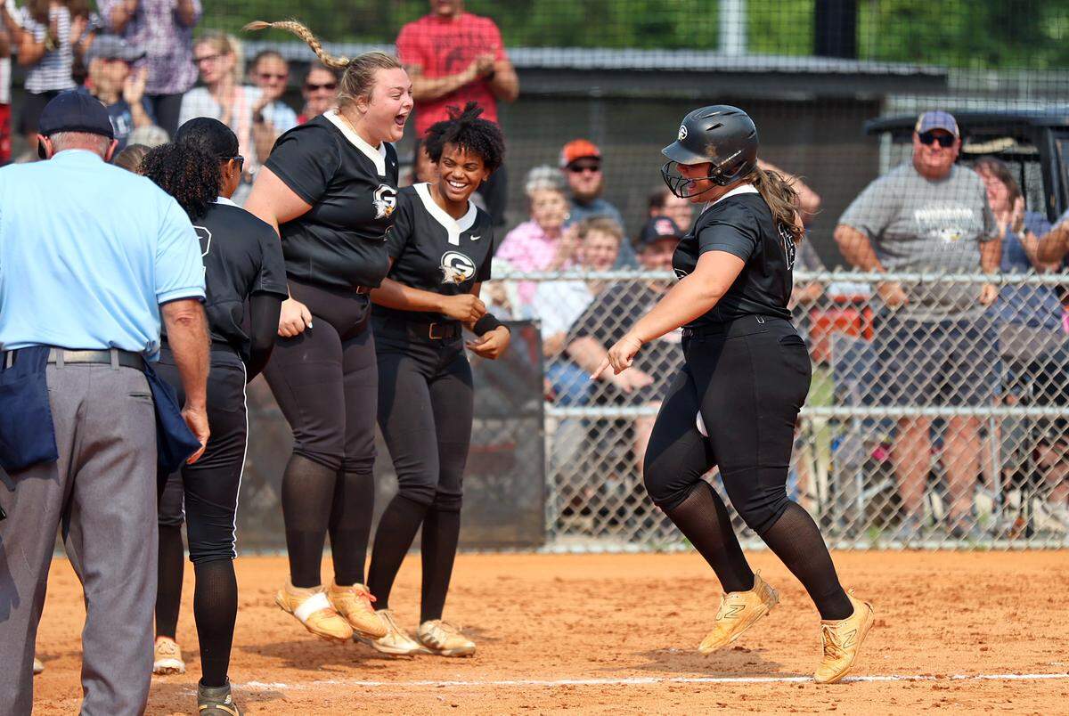 Gray Collegiate’s Kaley Anderson (13) celebrates her two-run home run in the 2025 Class 4A softball state championship win on Saturday, May 31. The War Eagles defeated York 5-2.