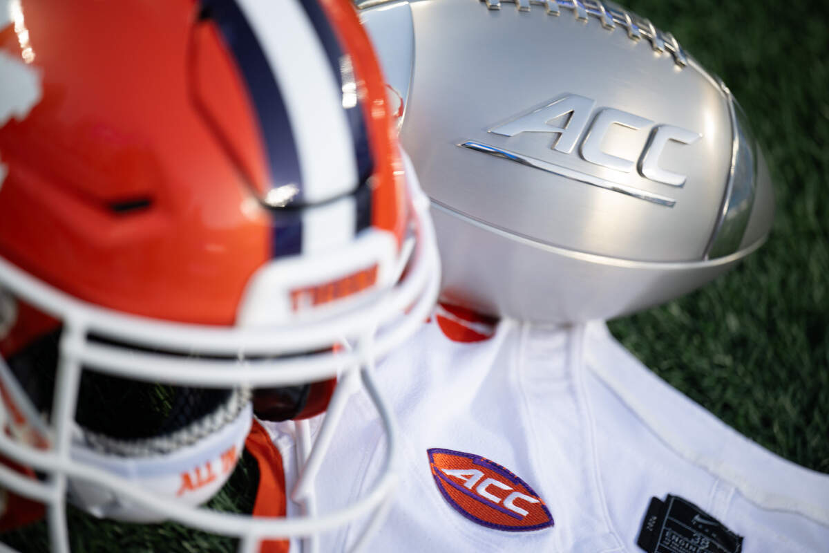 Clemson and ACC football logos ahead of the 2024 ACC championship game