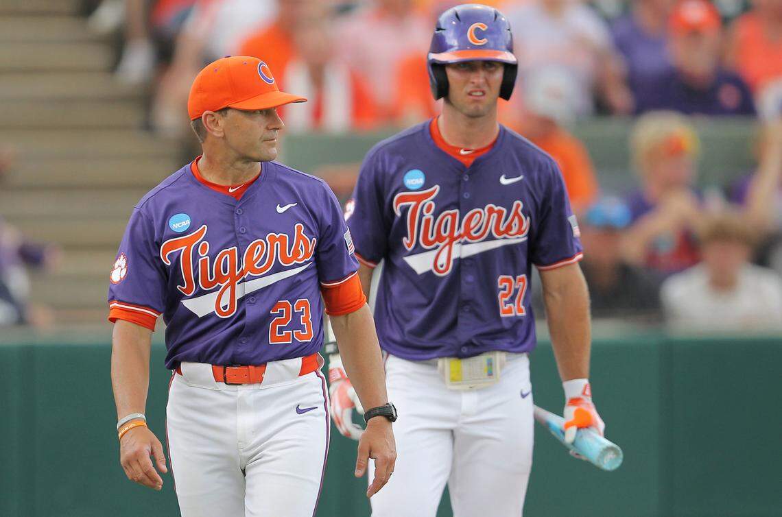 Clemson baseball coach Erik Bakich (left)