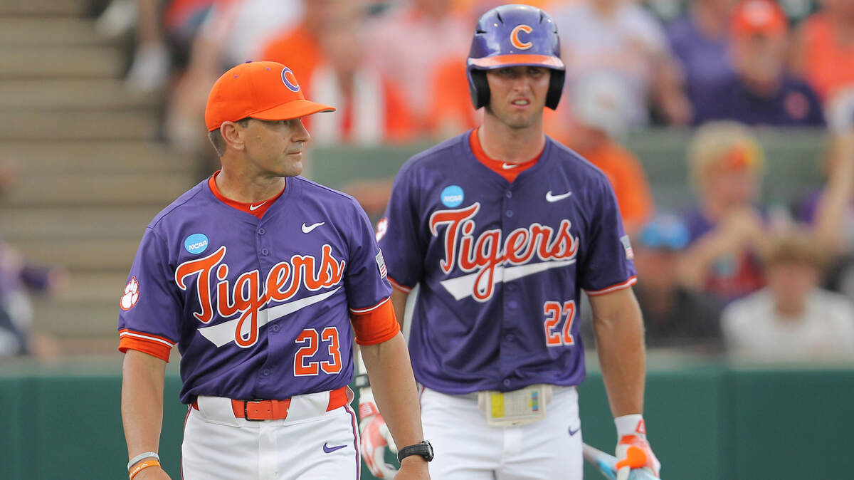 Clemson head coach Erik Bakich and Clemson’s Tristan Bissetta are seen against Florida during NCAA Super Regionals action on Sunday, June 9, 2024 in Clemson, S.C.