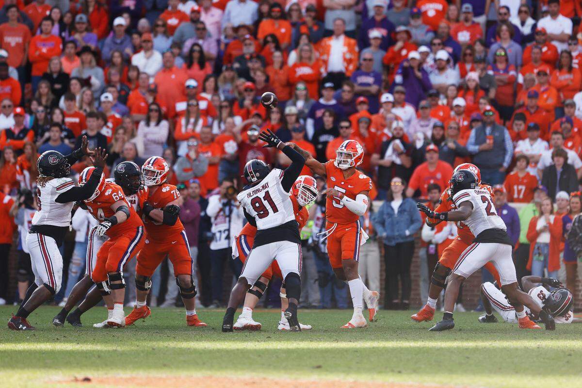 Clemson Tigers quarterback DJ Uiagalelei (5) on Saturday, November 26, 2022. The Gamecocks won 31 to 30.