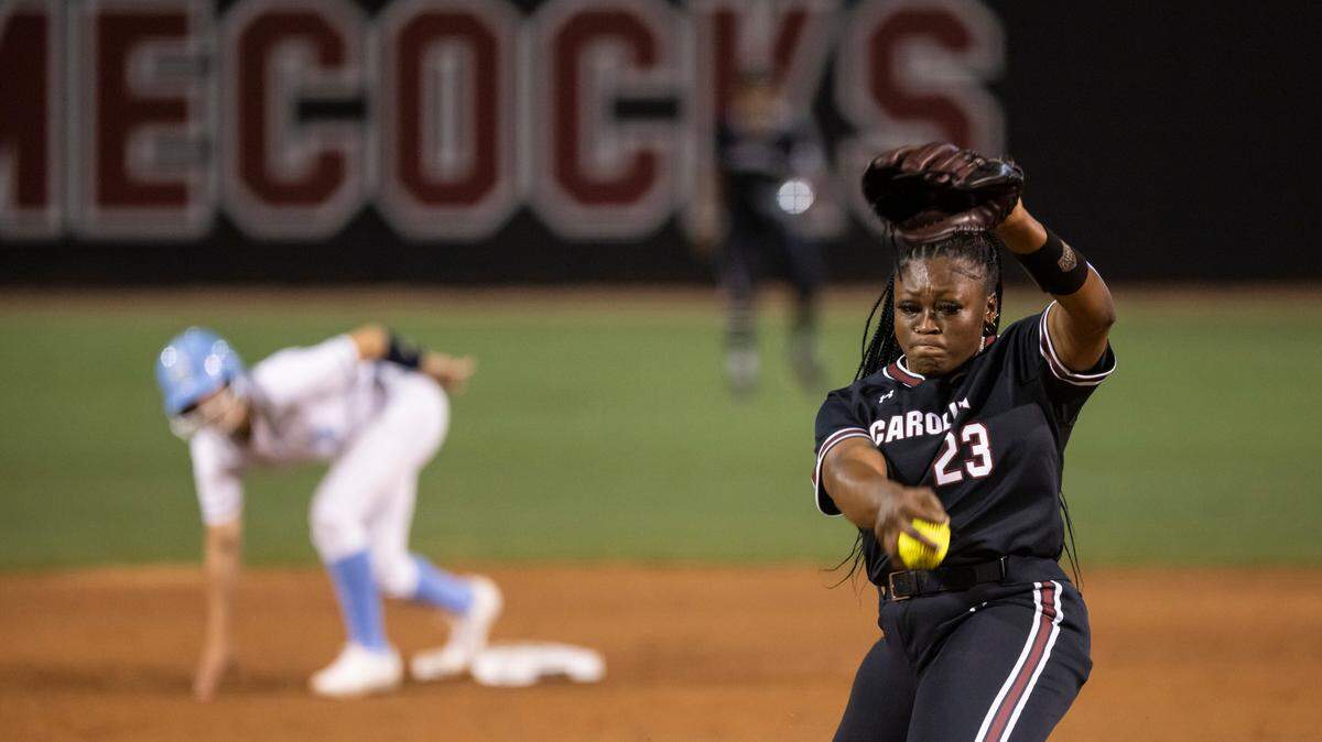 Donnie Gobourne leads South Carolina’s pitching staff with 133 strikeouts in 76.1 innings, and her 8-3 record and 2.47 ERA are best on the team.