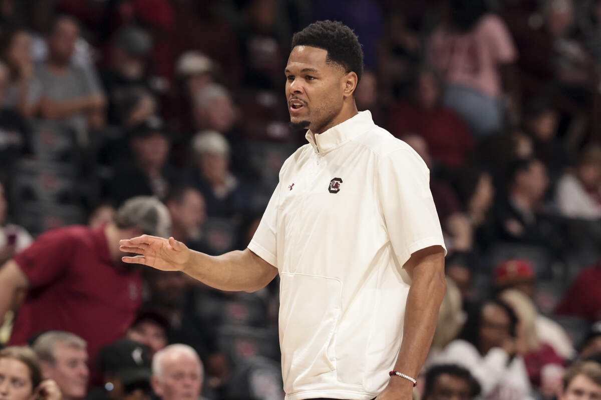 South Carolina assistant coach Wendale Farrow gestures to players during the second half of action against Bowling Green at Colonial Life Arena on Friday, Nov. 7, 2025.