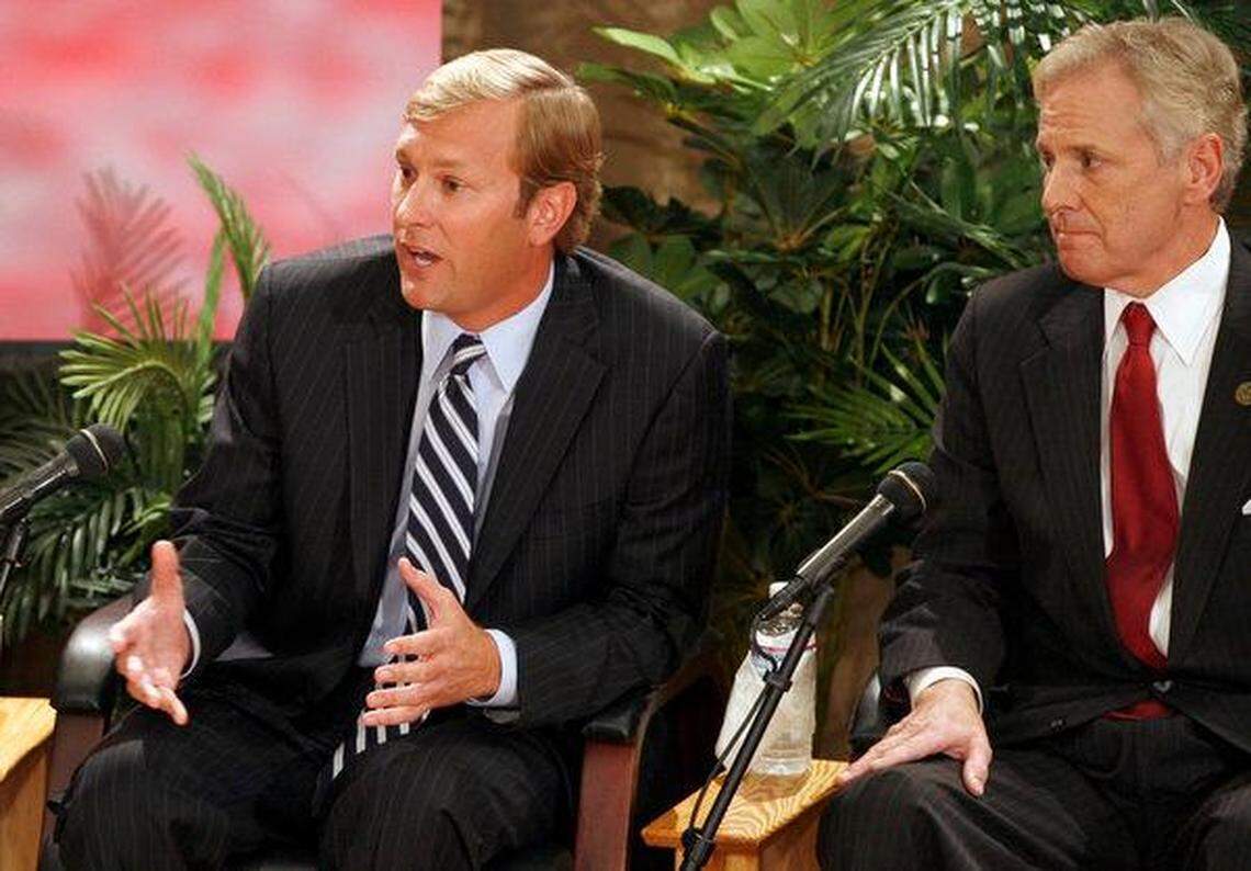 Ten of South Carolina’s gubernatorial hopefuls participate in a televised debate at Orangeburg-Calhoun Technical College during a special edition of ETV’s ‘The The Big Picture’ program. Attorney General Henry McMaster listens as Charleston attorney Mullins McLeod answers a question during the debate.