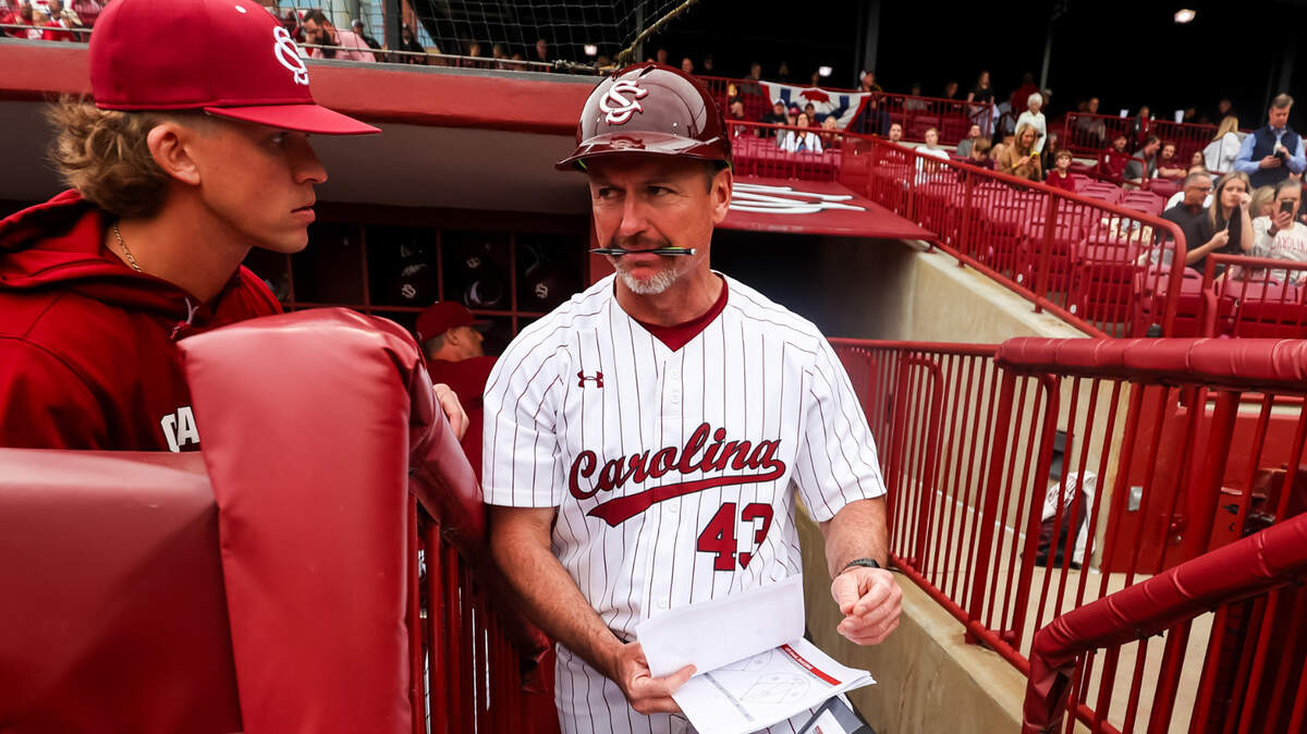 South Carolina Gamecocks coach Monte Lee before the opening day game between the South Carolina Gamecocks and Miami (OH) Redhawks at Founders Park, Feb. 16, 2024.