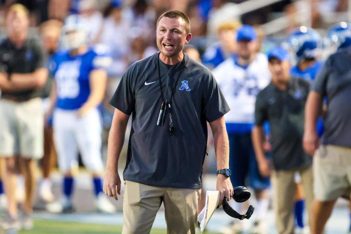 Airport Eagles head coach Shane Fidler directs his team against the Brookland Cayce Bearcats during their game at Airport High School in West Columbia, SC, Friday, Aug. 25, 2023.