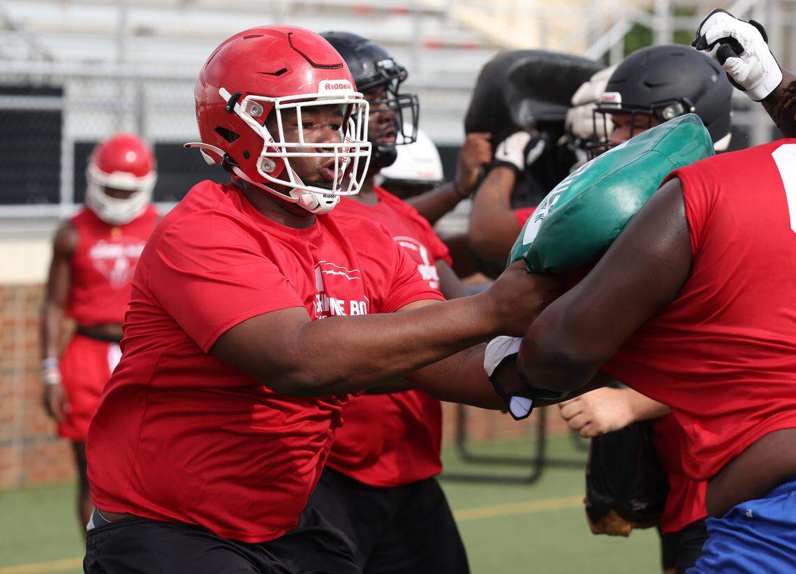 Blake Franks of Greenville High School runs drills during the Shrine Bowl Combine at Brookland-Cayce High School in Cayce on Saturday, July 15, 2023.