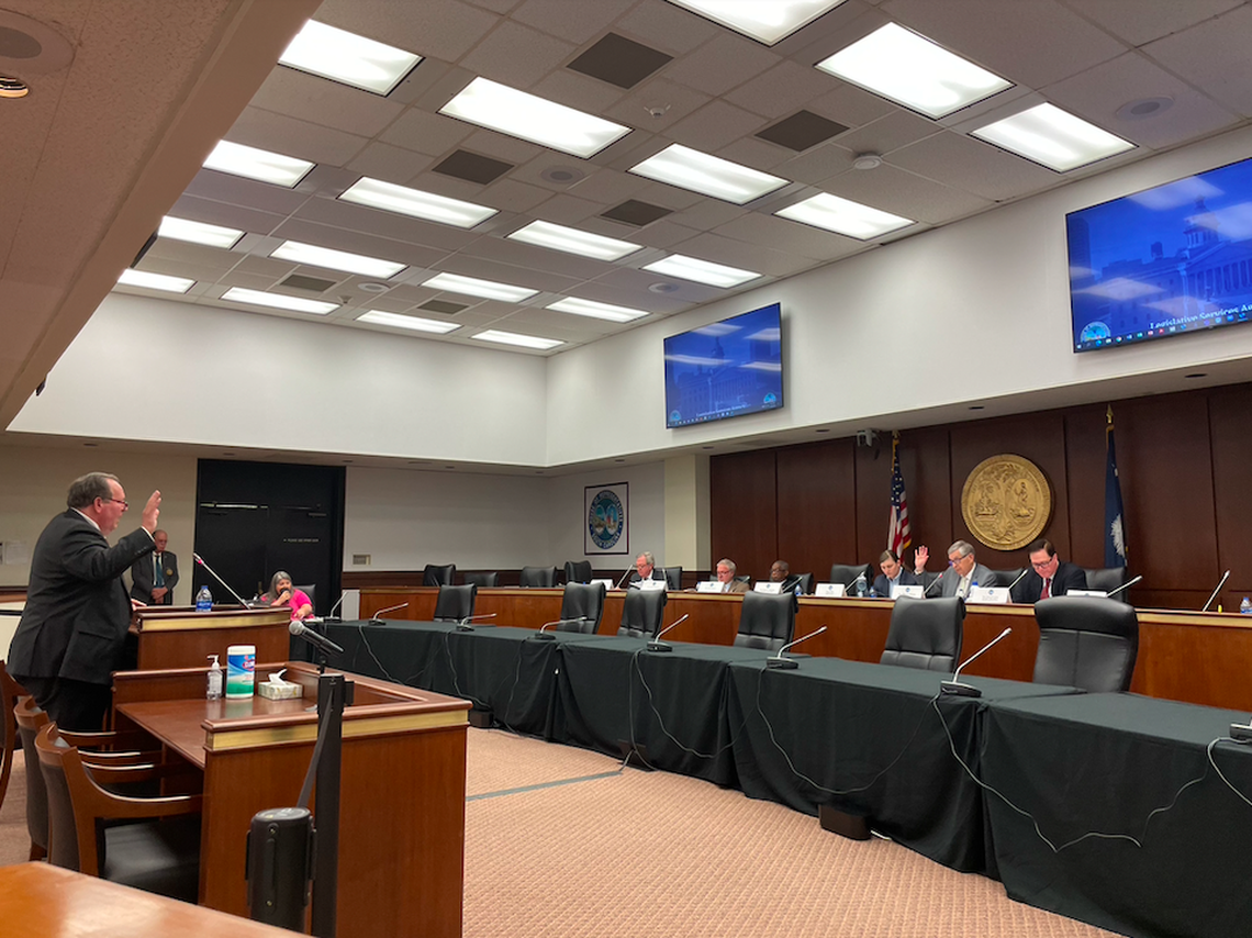 Dorn Smith, chairman of the University of South Carolina board of trustees, testifies at a legislative hearing to screen college and university board candidates.
