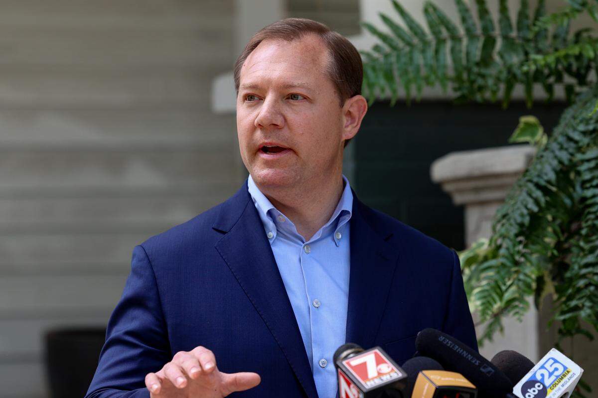 State Senator Wes Climer, R-York, speaks during a press conference with Attorney Dick Harpootlian and Carol Herring outside Harpootlian’s Columbia law office on Monday, June, 9, 2025.