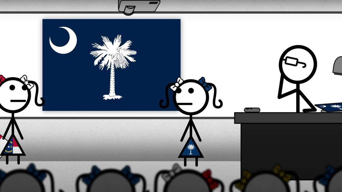 A screenshot of a video from YouTube channel CGP Grey, which ‘grades’ state flags, in this case, the South Carolina state flag.
