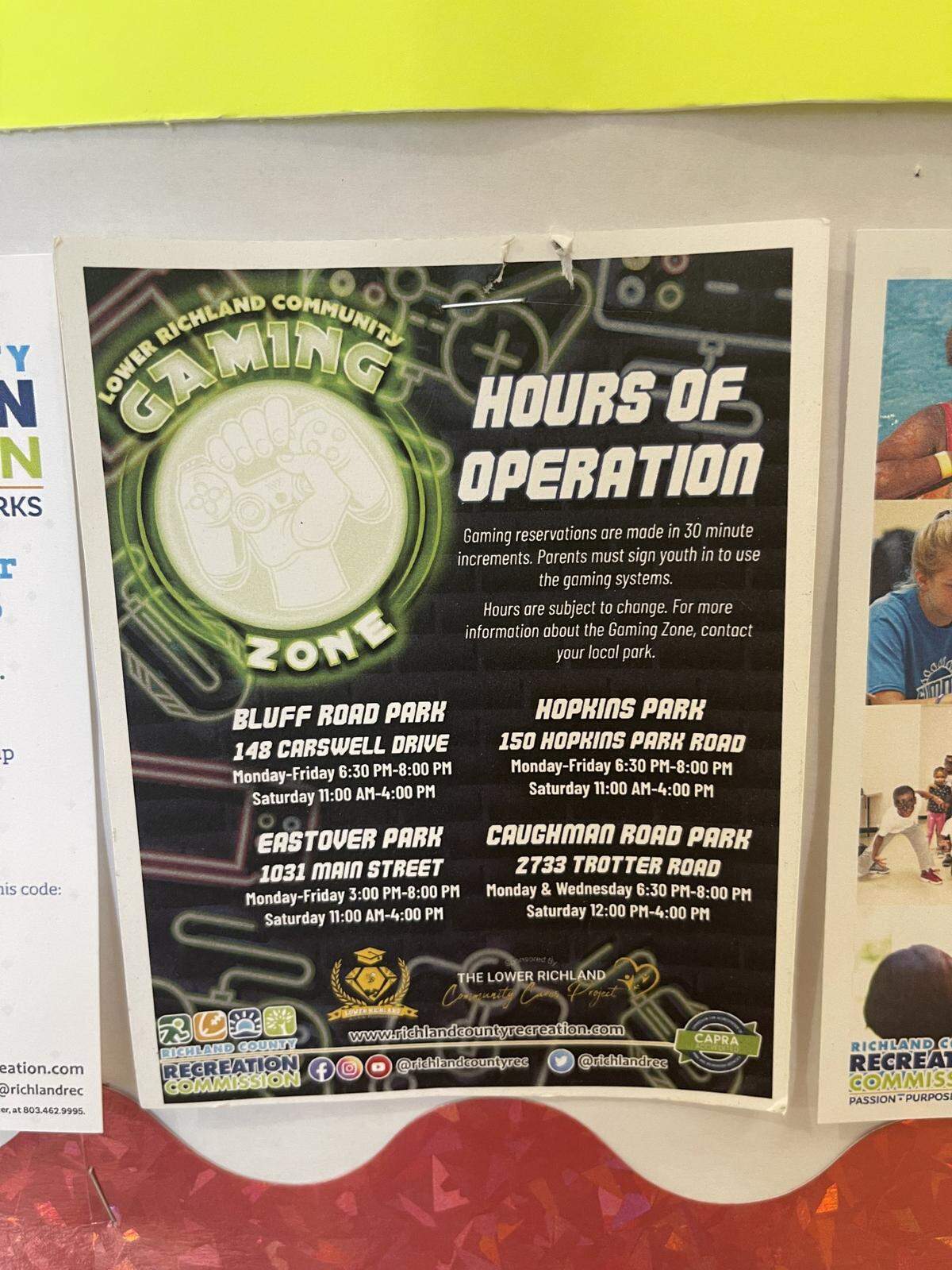 A flyer on the bulletin board at Bluff Road Park advertising the gaming zones at four Lower Richland parks that were donated by the Lower Richland Alumni Foundation.