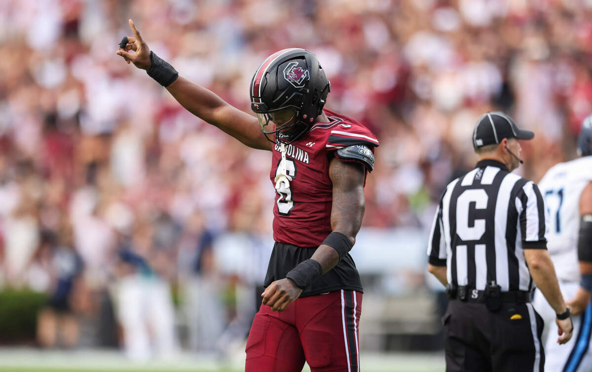 South Carolina edge Dylan Stewart (6) holds up his finger after a sack during the first half of the Gamecocks’ season opener against Old Dominion in Columbia on Saturday, August 31, 2024.