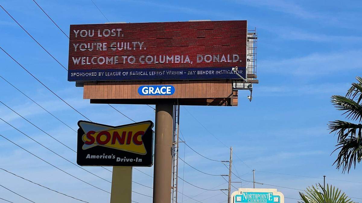One of eight electronic billboards broadcasting an anti-Trump message Saturday Nov. 25 as Trump makes his way into Columbia for the USC-Clemson game.