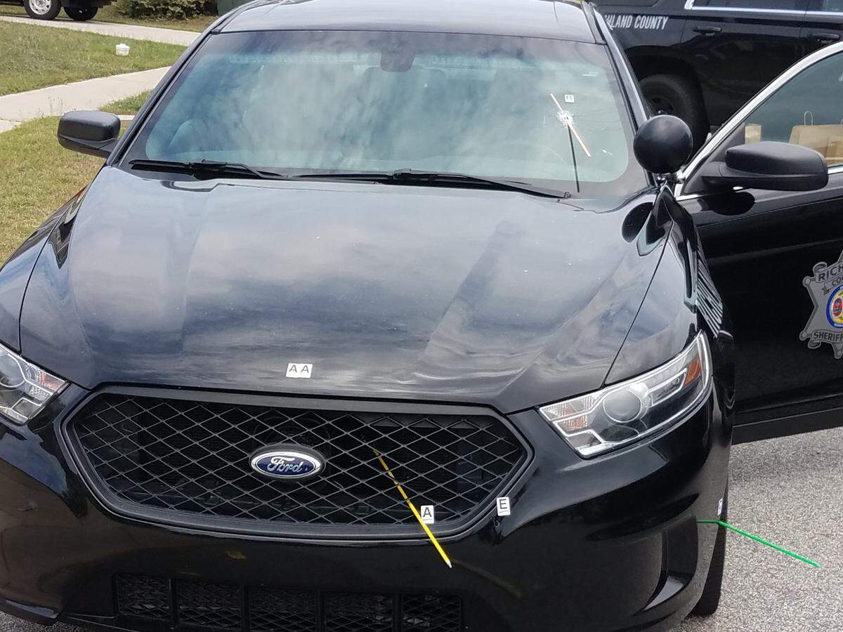 A Richland County Sheriff’s Department car was shot by bank robbery suspects, the department said.