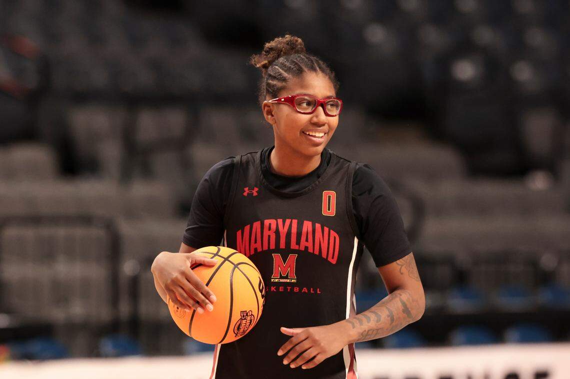 Maryland Terrapins’ Shyanne Sellers (0) practices at the Legacy Arena in Birmingham on Thursday, March 27, 2025. The Gamecocks will play the Maryland Terrapins in the Birmingham 2 regional of the NCAA Tournament at Legacy Arena.