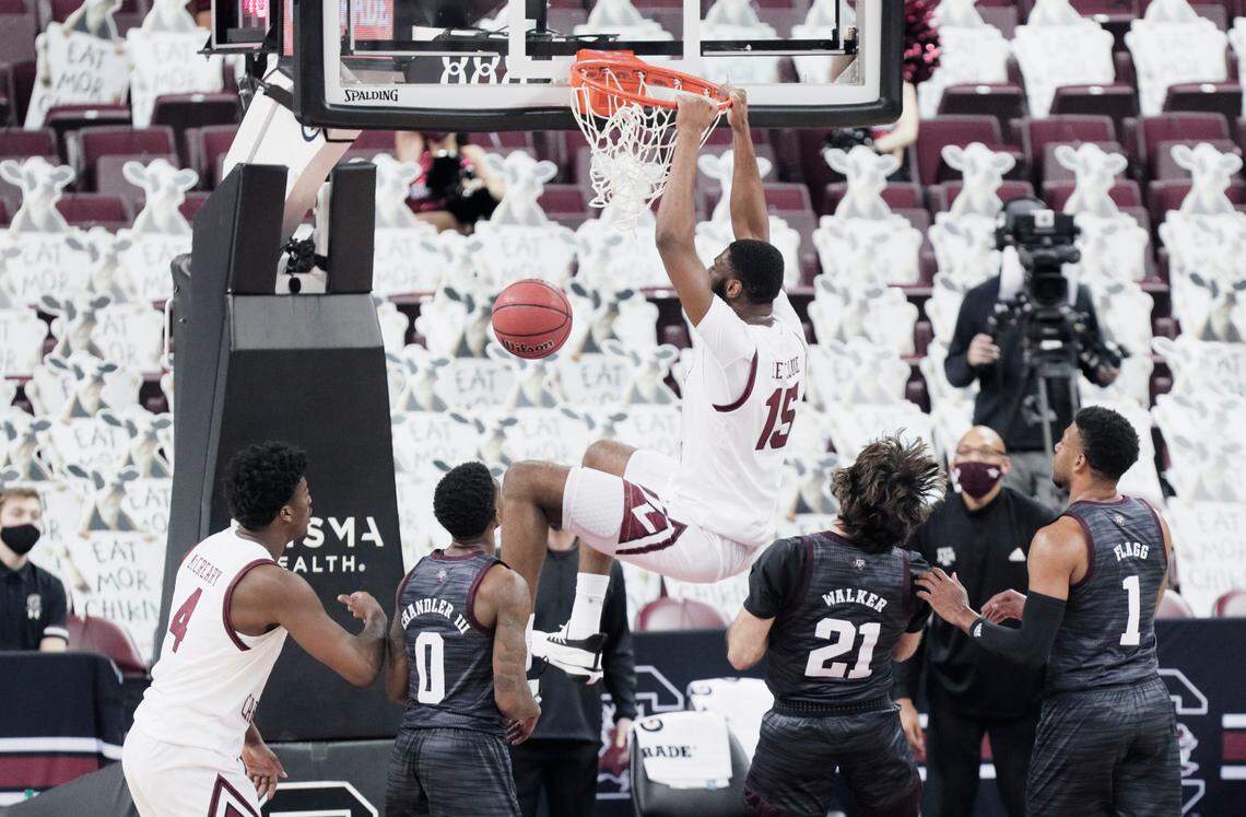 South Carolina Gamecocks forward Wildens Leveque (15) dunks during the game against Texas A&M at Colonial Life Arena on Wednesday, January 6, 2021.