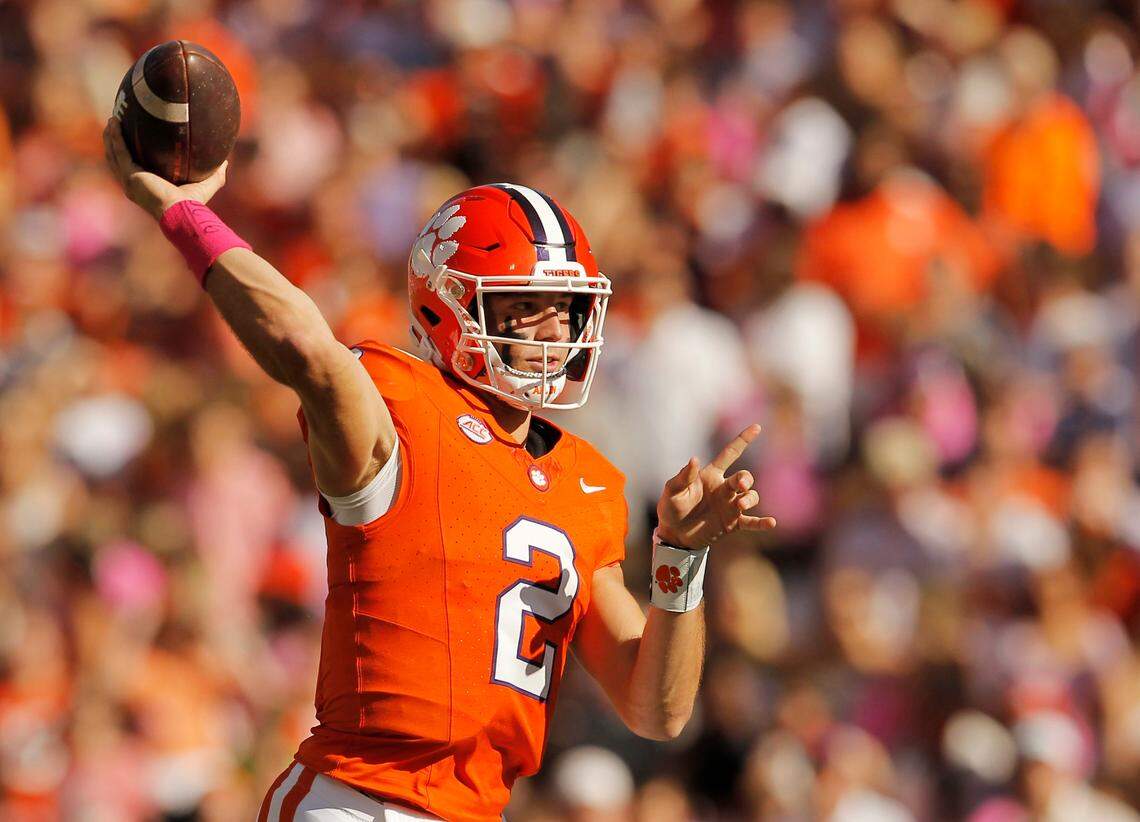 Clemson quarterback Cade Klubnik (2) unloads a pass against Wake Forest during first-half action in Clemson, S.C. on Saturday, Oct. 7, 2023. (Travis Bell/SIDELINE CAROLINA)
