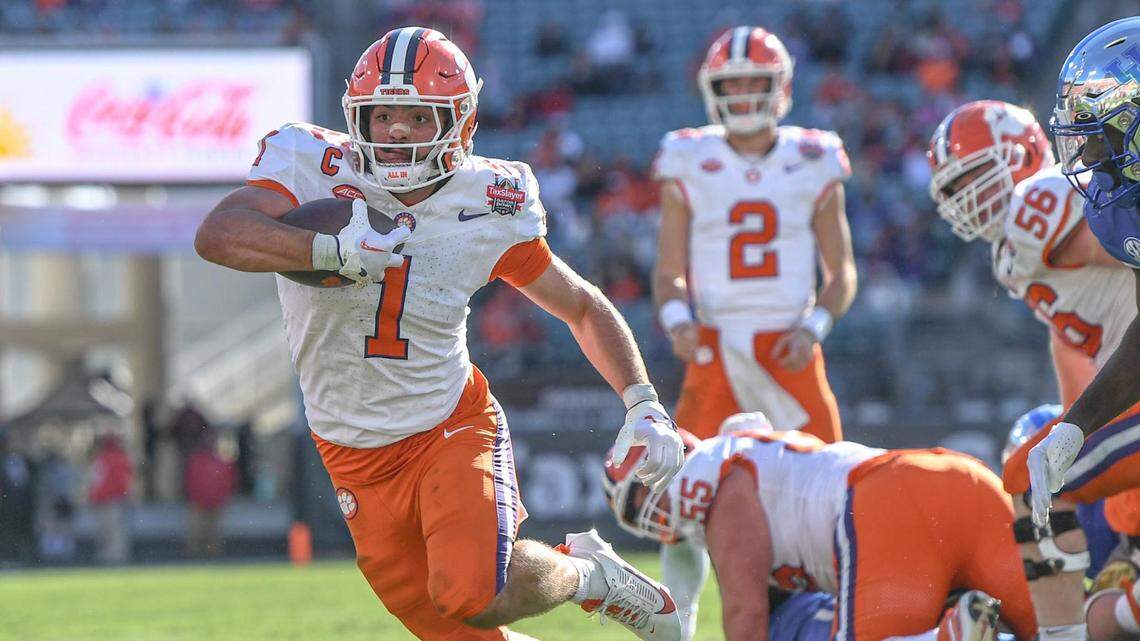 Clemson running back Will Shipley (1) runs during the fourth quarter of the TaxSlayer Gator Bowl at EverBank Stadium in Jacksonville, Florida, Friday, December 29, 2023. Clemson won 38-35.