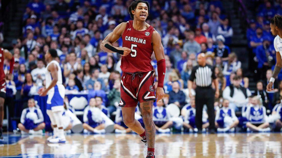 South Carolina Gamecocks guard Meechie Johnson (5) celebrates scoring against the Kentucky Wildcats during the game at Rupp Arena in Lexington, Ky., Tuesday, January 10, 2023.