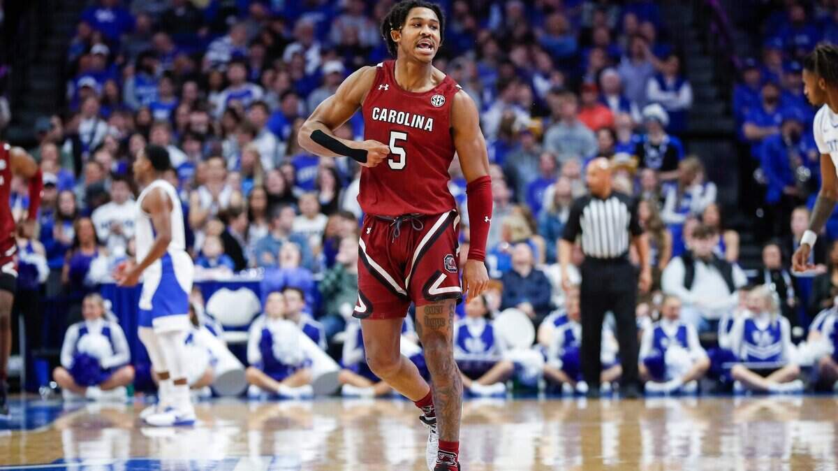South Carolina Gamecocks guard Meechie Johnson (5) celebrates scoring against the Kentucky Wildcats during the game at Rupp Arena in Lexington, Ky., Tuesday, January 10, 2023.