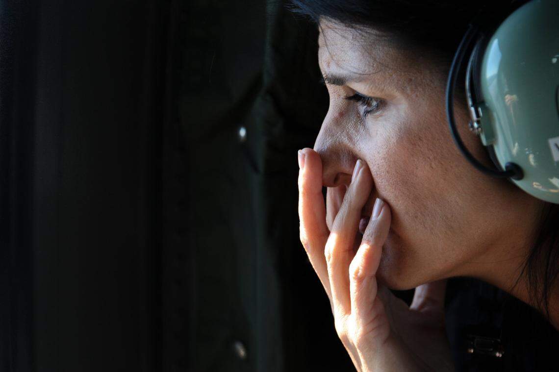 South Carolina Governor Nikki Haley assesses flood damage in Horry County from a United States Army helicopter on Oct. 7, 2015.
