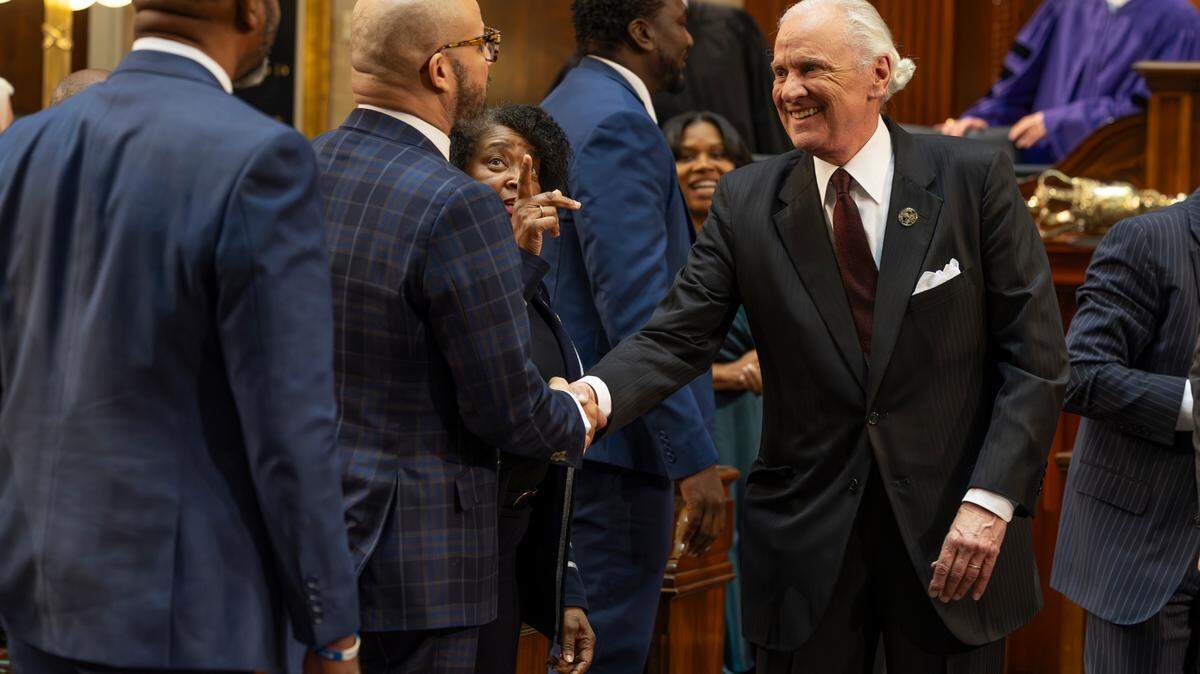 SC Gov. Henry McMaster greets legislators after delivering his State of the State address during a joint session of the legislative delegation on Wednesday Jan. 29, 2025.