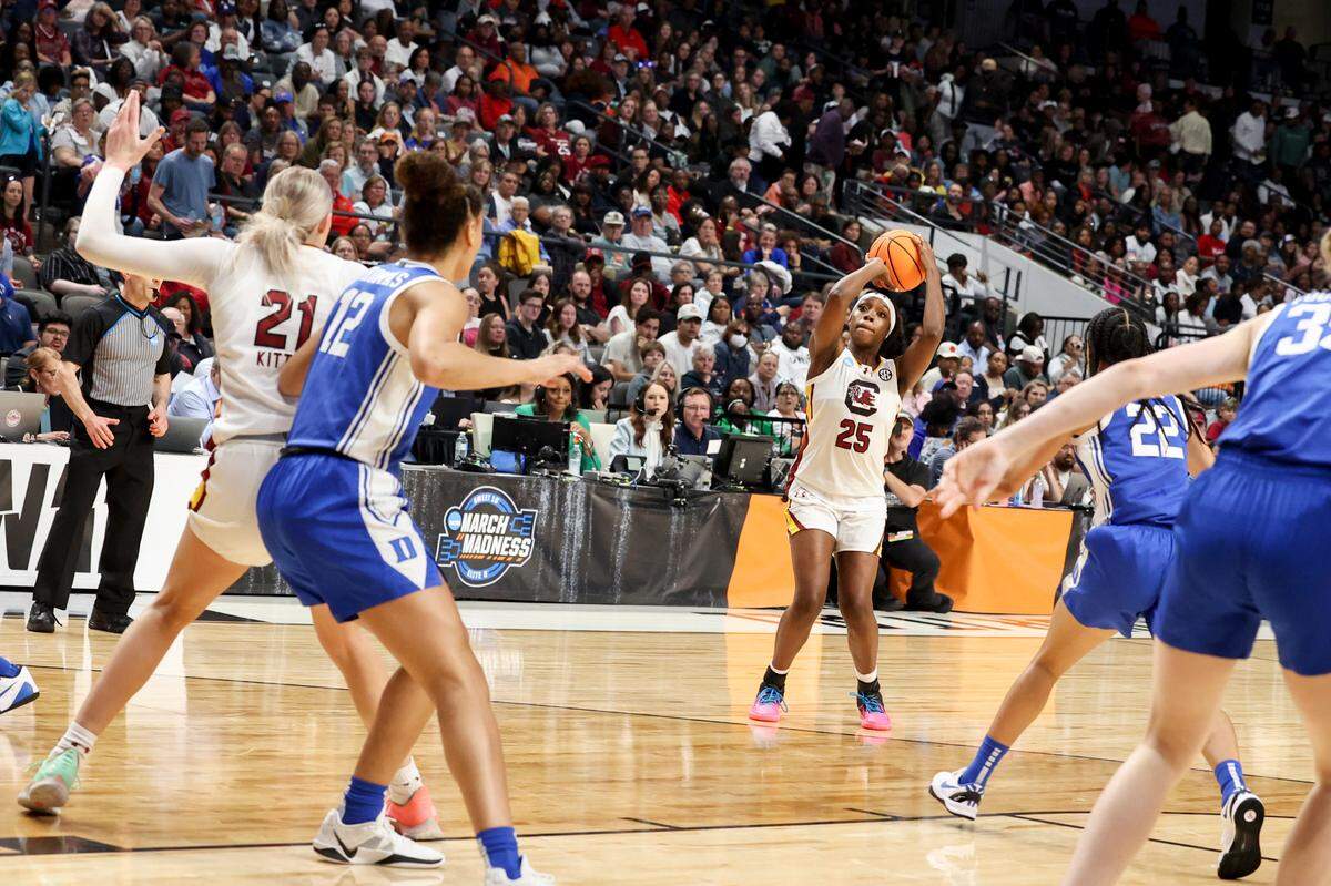 University of South Carolina’s Raven Johnson (25) takes a three during the first half of action against Duke at the Legacy Arena in Birmingham on Sunday, March 30, 2025 in the Birmingham 2 regional of the NCAA Tournament.