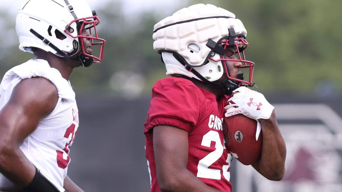 South Carolina running back Djay Braswell (23) runs drills during the first day of practice in Columbia on Friday, August 4, 2023.